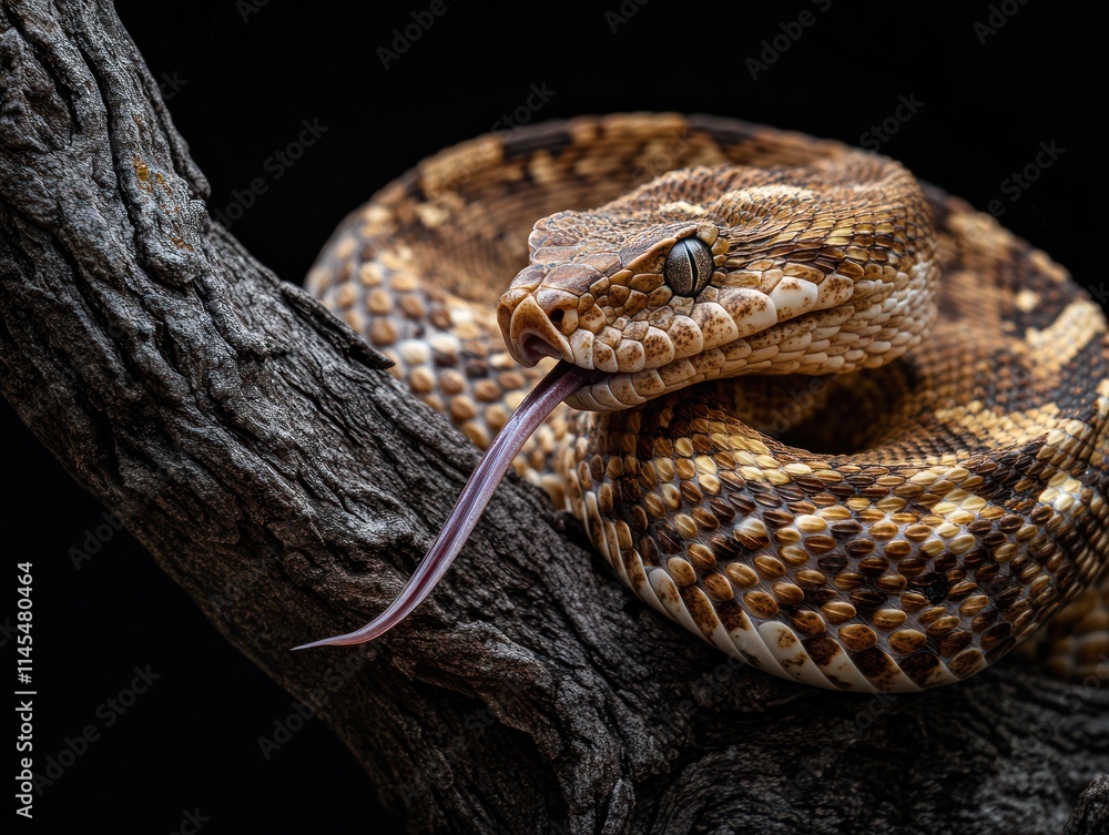 Poster a close-up of a coiled snake resting on a textured branch, showcasing its intricate scales.