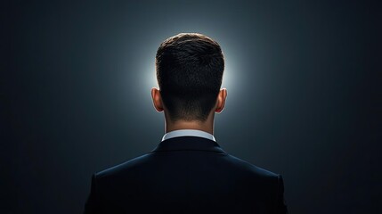 Businessman silhouettes idea. A professional man in a suit standing against a dark background, symbolizing ambition.