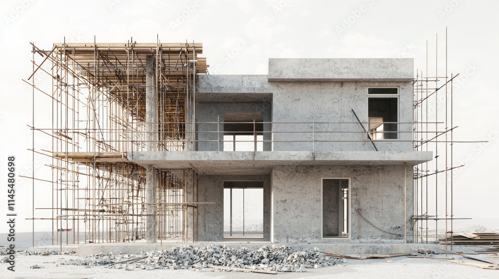 Poster a modern building under construction with scaffolding and exposed concrete structure.
