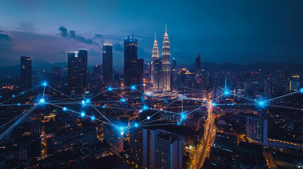 Fototapeta premium Smart digital Innovation city with connection network reciprocity over the cityscape. of future smart wireless city and social media networking systems that connects business people with in city