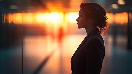 Businesswoman silhouettes concept. Silhouette of a woman reflecting on life during a beautiful sunset.