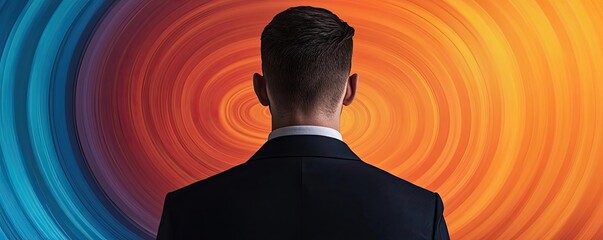 Businessman silhouettes idea. A surreal view of a man contemplating in front of vibrant swirling colors.