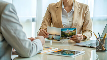 Travel consultant negotiating travel packages on plain background concept as Travel consultant negotiating travel packages and rates with clients on a desk with a plain background symbolizing the marg