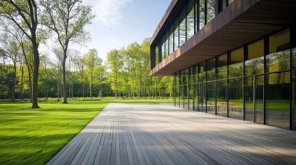 Modern building with large glass windows adjacent to a green lawn and wooden deck.