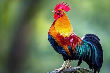 Fototapeta premium Vibrant rooster with red, orange, and teal plumage. Ideal for projects about nature, farms, or vibrant colors.