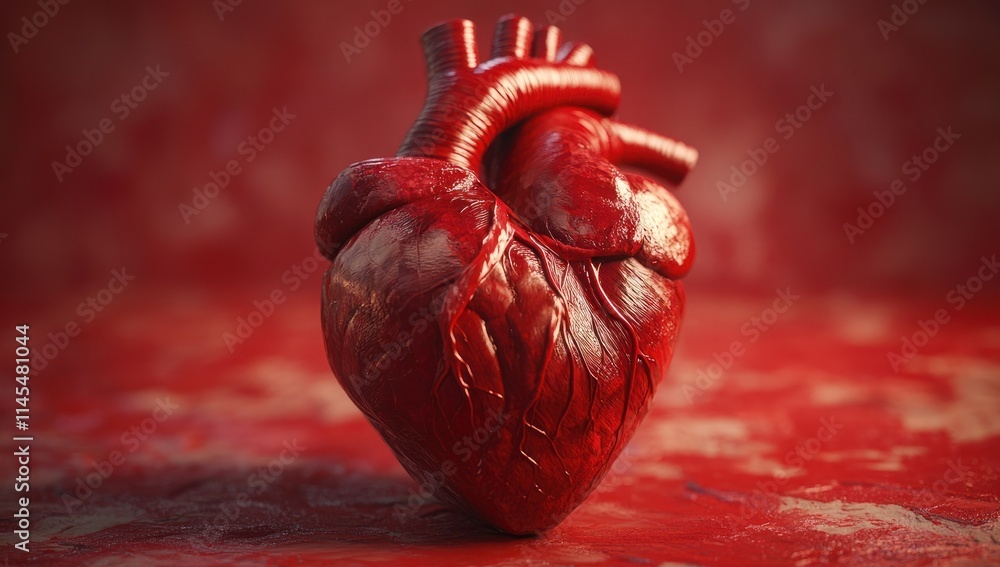 Poster a realistic 3d rendering of a human heart on a textured red background.
