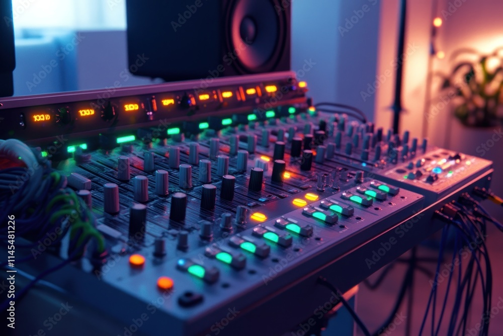 Poster a close-up of a music mixing console with colorful lights and various controls.