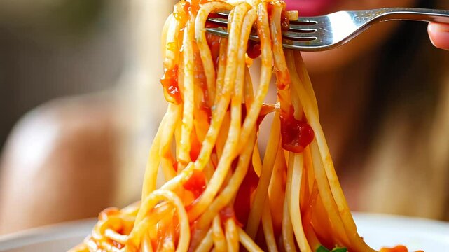 Close-up of a fork with spaghetti and tomato sauce garnished with parsley. Italian cuisine and dining concept. 