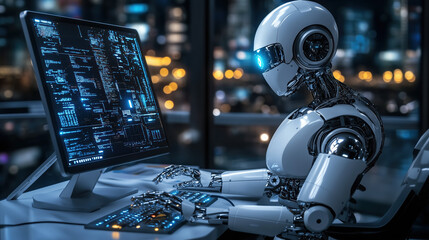 Fototapeta premium A robot working in a computer and generate much money future productive and much money