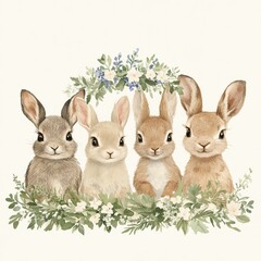 Fototapeta premium Four Adorable Bunnies with Floral Wreath Watercolor Illustration