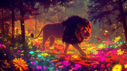 Majestic lion walking through vibrant, glowing flowers in a mystical forest at night.