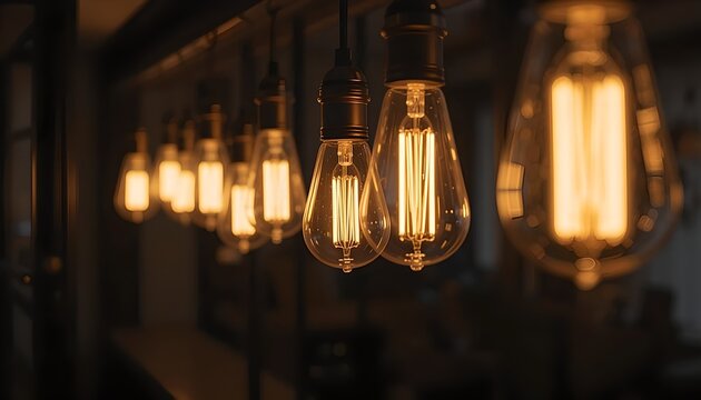 A close-up photo of a Vintage Edison Bulbs Hanging in a Row with emitting a warm, inviting glow