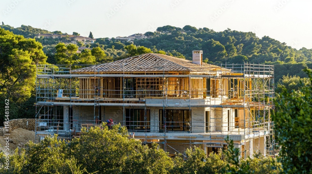 Poster a partially constructed house surrounded by trees and scaffolding in a scenic landscape.