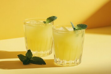 Fototapeta premium Two refreshing yellow drinks with mint leaves on a vibrant yellow background.