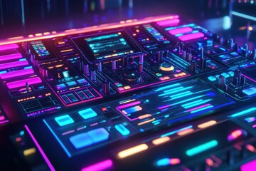 Fototapeta premium A vibrant, futuristic digital interface with colorful lights and controls for music production.
