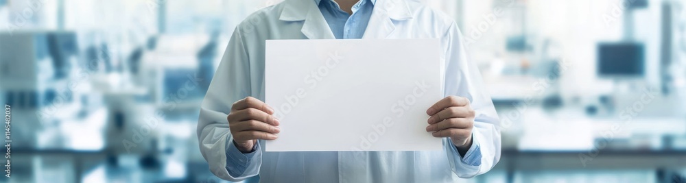 Poster a person in a lab coat holds a blank sheet of paper in a laboratory setting.