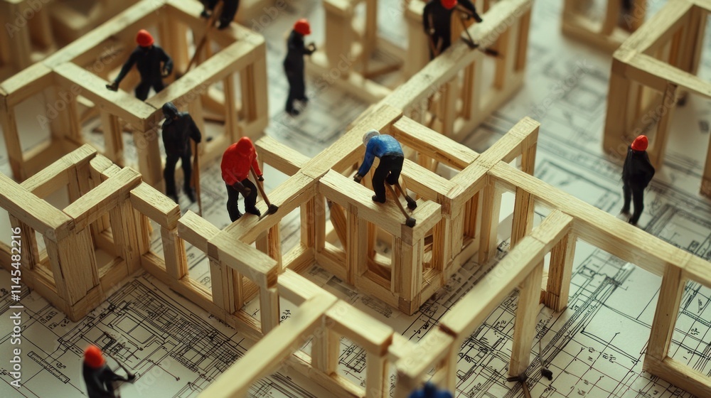 Poster miniature construction scene with figures working on a wooden framework over blueprints.
