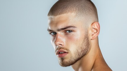 Obraz premium Military-style buzz cut trends among young men contemporary urban settings haircut showcase clean lines and standards side profile view sharp aesthetics for modern grooming