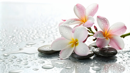 Glossy Background with Blooming Flowers and Water Droplets for Spa Branding