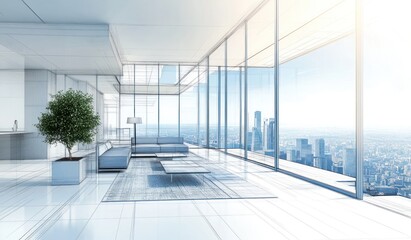 Fototapeta premium Modern, spacious interior with large windows showcasing a city view.