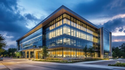 Obraz premium Modern Glass Office Building at Dusk