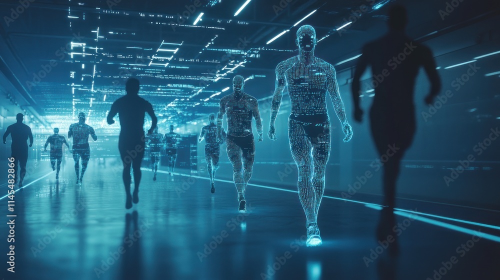 Poster a futuristic scene of humanoid figures running in a high-tech environment.
