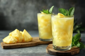 Refreshing pineapple drinks served with mint leaves, perfect for a summer gathering.