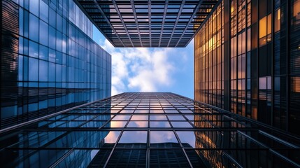 Urban Skyline: A Low Angle View of Modern Skyscrapers Reaching for the Sky