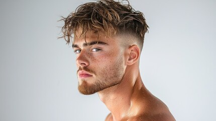 Fototapeta premium Stylish taper fade with natural curls on top a clean standard look for men in a trendy barbershop setting
