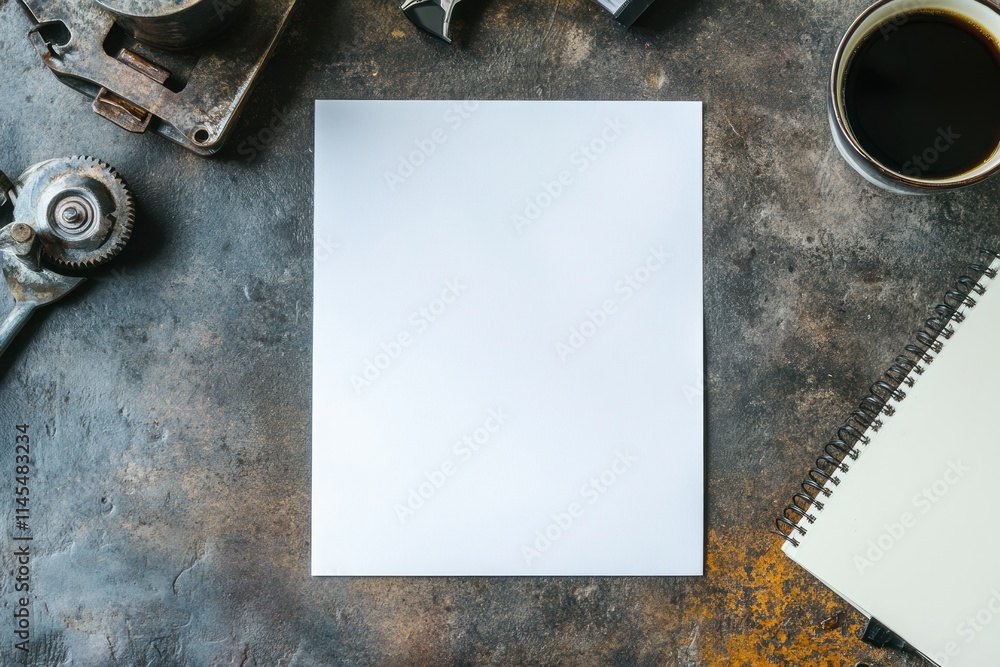 Poster a blank sheet of paper on a rustic table surrounded by tools and a cup of coffee.