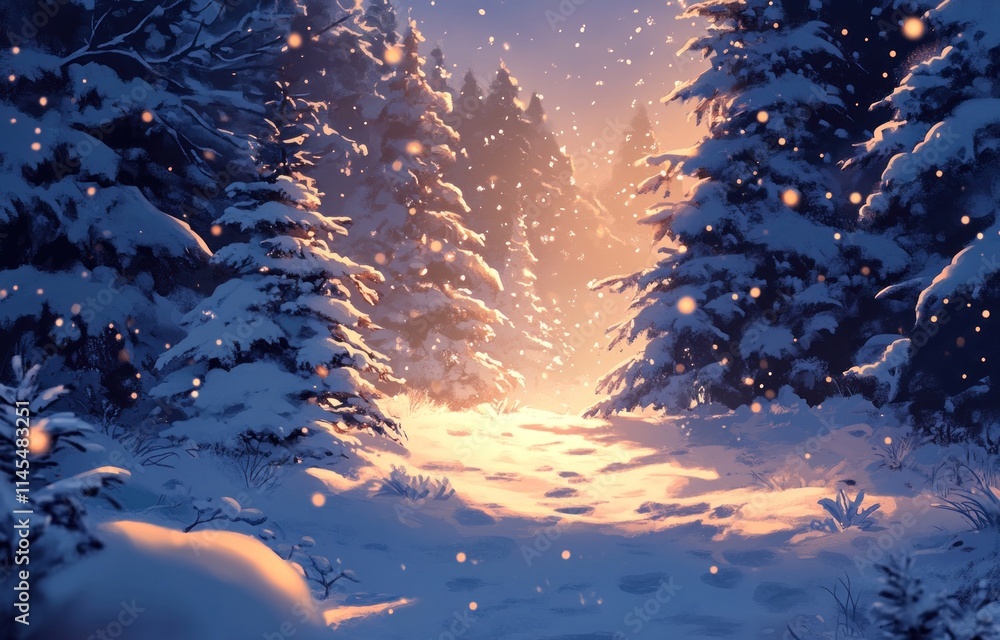Poster a serene winter scene with snow-covered trees and a glowing path through a forest.