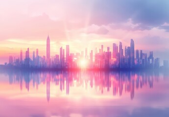Fototapeta premium A Beautiful Sunset Over a Modern City Skyline Reflected in Tranquil Water, Evoking a Serene and Dreamy Atmosphere