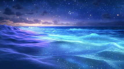 Magical night scene of ocean waves glowing under starry sky.