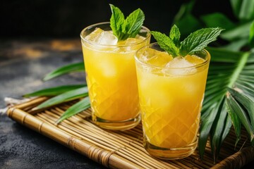Fototapeta premium Two refreshing yellow cocktails with mint leaves on a bamboo tray.