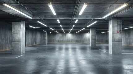 A spacious, well-lit underground parking garage with concrete walls and floors.