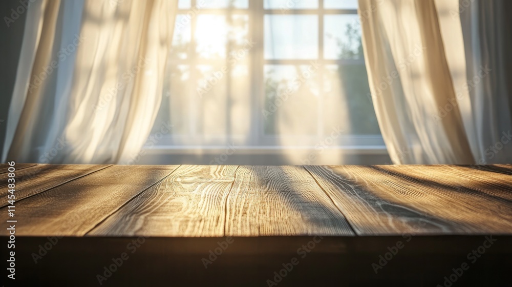 Aufkleber a sunlit wooden table in front of a window with flowing curtains, creating a serene atmosphere.