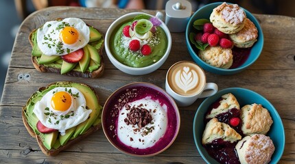 A top-down view of a vibrant food cafe table spread avocado toast topped with poached eggs, acai bowls with fresh fruit, a steaming cappuccino 