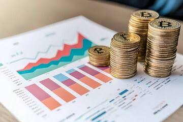 Stacks of Bitcoin Coins Over Financial Charts and Graphs Analysis