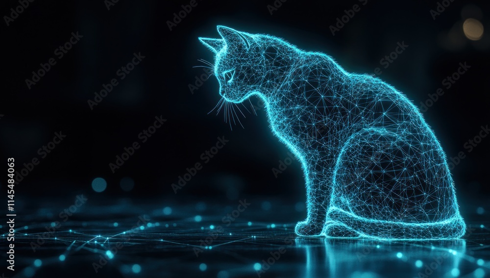 Poster a glowing, digital outline of a cat made of interconnected nodes and lines.