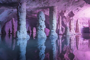 Explore Underground Cave's Enigmatic Stone Pillars Reflecting in Still Water, Awe-Inspiring Natural Beauty