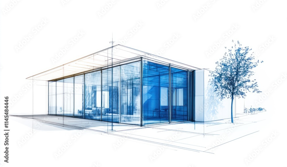 Poster a conceptual architectural design showcasing a modern glass building with a tree.