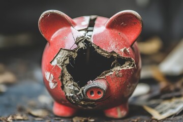 A broken, red piggy bank with a large hole. Illustrates financial hardship, loss, or bankruptcy.