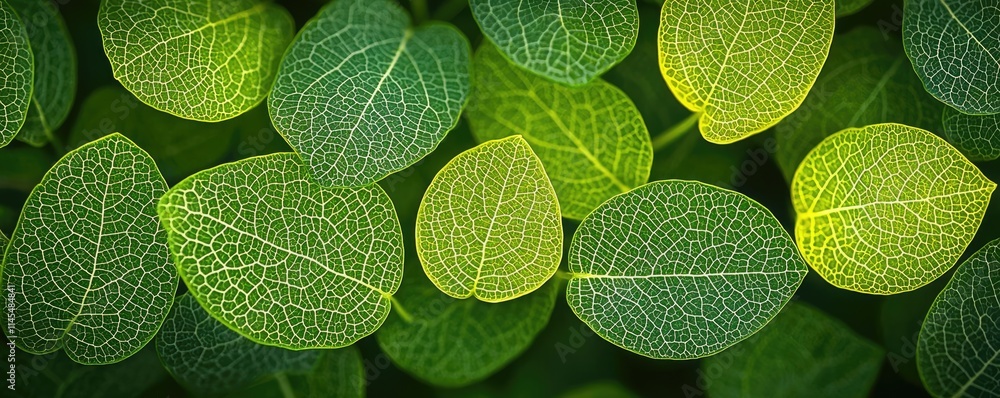 Poster micro foliage concept. close-up view of vibrant green leaves with intricate textures and patterns.