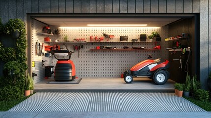 A well-organized garage with tools and equipment for gardening and maintenance.