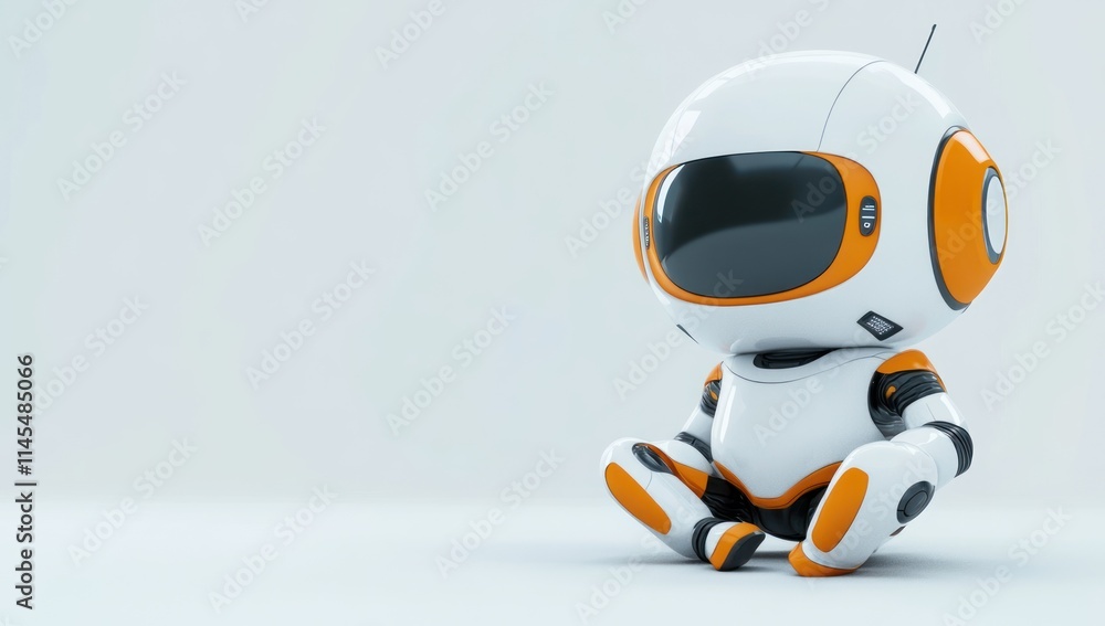 Poster a cute, futuristic robot character sitting on the ground, designed for playful interaction.