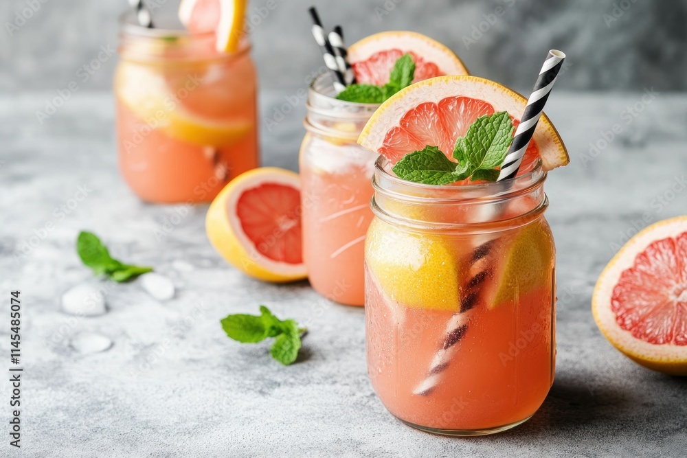 Poster refreshing grapefruit drinks in jars with mint and citrus slices.
