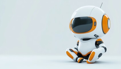 Fototapeta premium A cute, futuristic robot character sitting on the ground, designed for playful interaction.