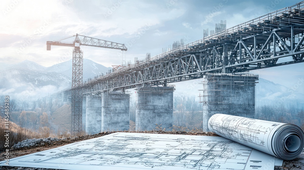 Poster construction site with a bridge under development and blueprints in the foreground.
