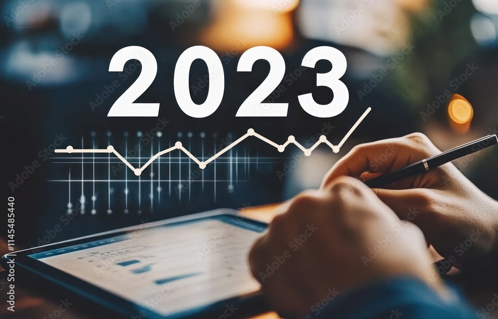 Poster a digital display showing the year 2023 with a rising graph and hands using a tablet.