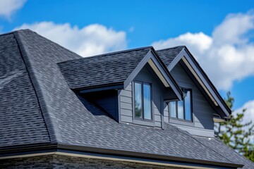 Dark gray asphalt shingle roof with dormers. Ideal for real estate, construction, and home improvement websites.